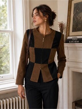 Jessica Howard Vintage Suede Patchwork Jacket Brown Black Size 10